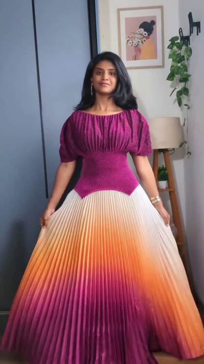 Women's Ombre Pleated Maxi Dress with Puff Sleeves