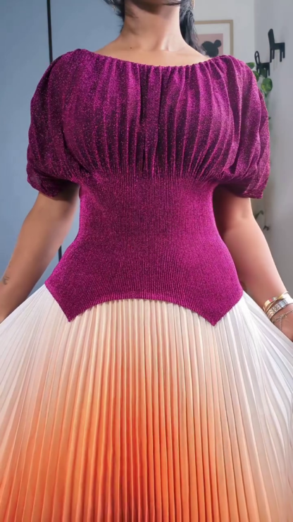 Women's Ombre Pleated Maxi Dress with Puff Sleeves