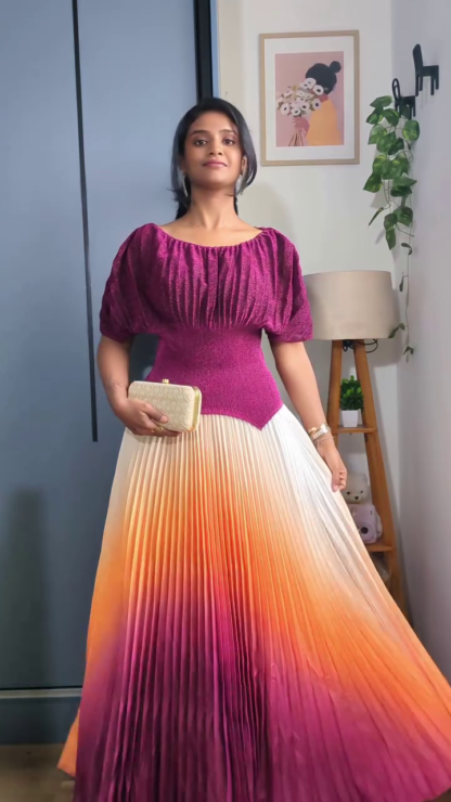 Women's Ombre Pleated Maxi Dress with Puff Sleeves