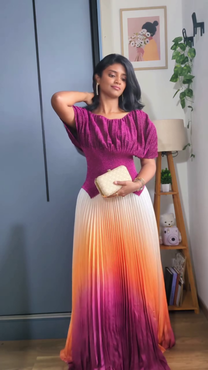Women's Ombre Pleated Maxi Dress with Puff Sleeves