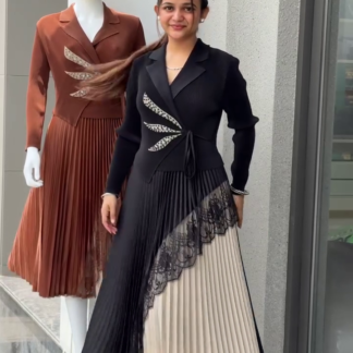 Women's Pleated Midi Dress with Blazer-Style Bodice