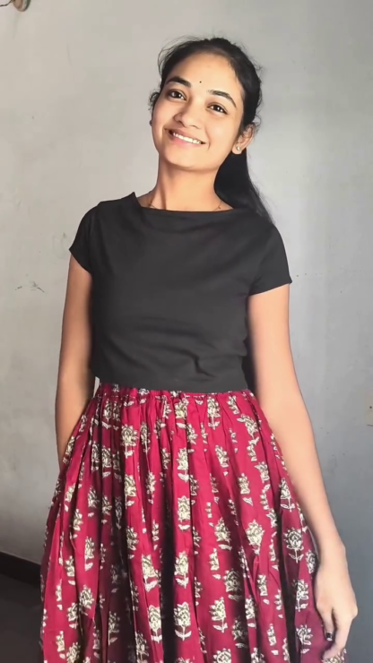 Women's Maroon Printed Cotton Flared Maxi Skirt