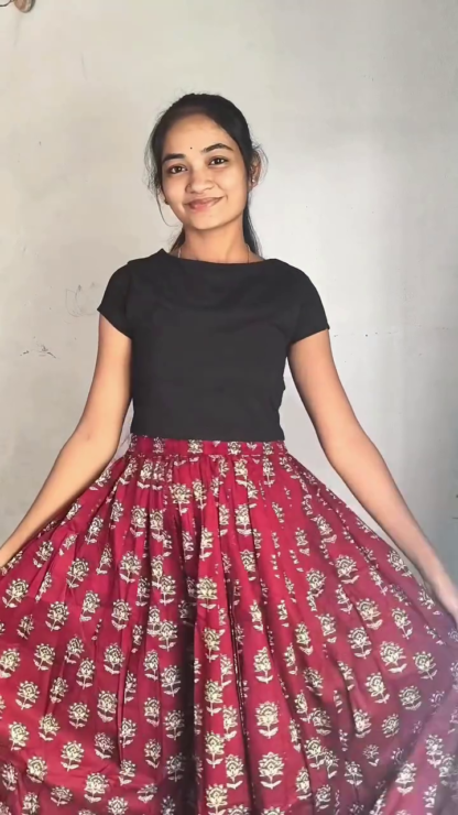 Women's Maroon Printed Cotton Flared Maxi Skirt