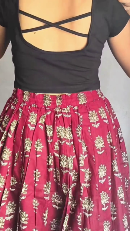 Women's Maroon Printed Cotton Flared Maxi Skirt