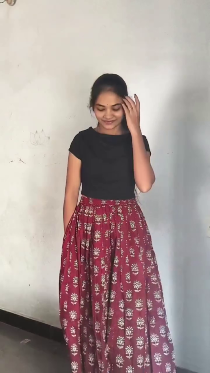 Women's Maroon Printed Cotton Flared Maxi Skirt