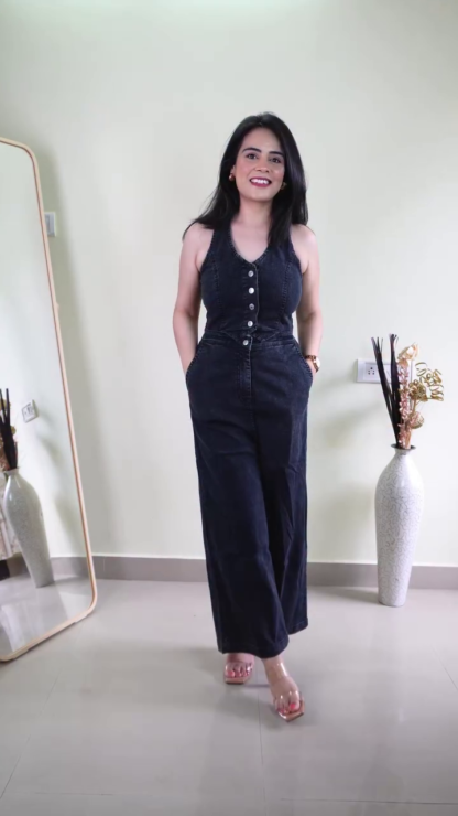 Women's Wide-Leg Denim Jumpsuit with Button Front
