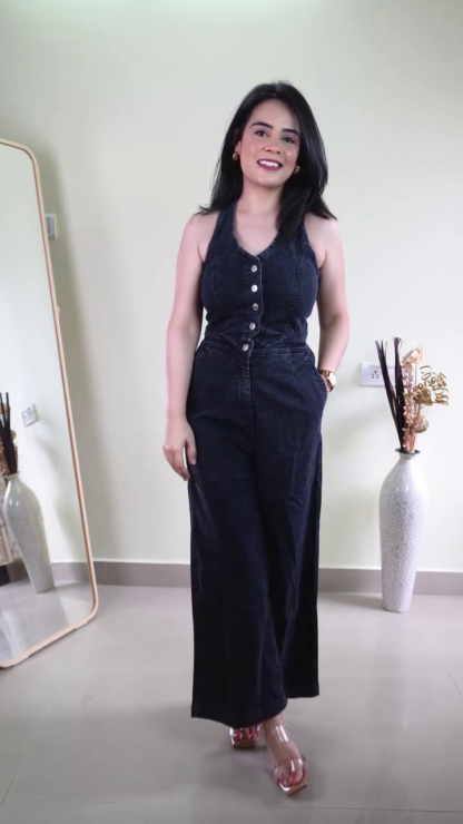 Women's Wide-Leg Denim Jumpsuit with Button Front