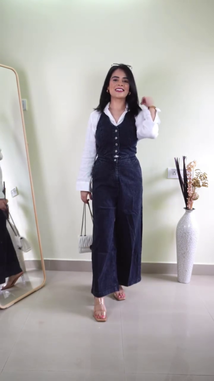 Women's Wide-Leg Denim Jumpsuit with Button Front