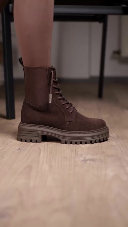 Brown Faux Suede Lace-Up Combat Boots with Side Zip
