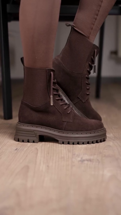Brown Faux Suede Lace-Up Combat Boots with Side Zip