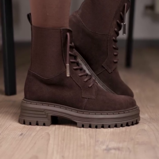 Brown Faux Suede Lace-Up Combat Boots with Side Zip