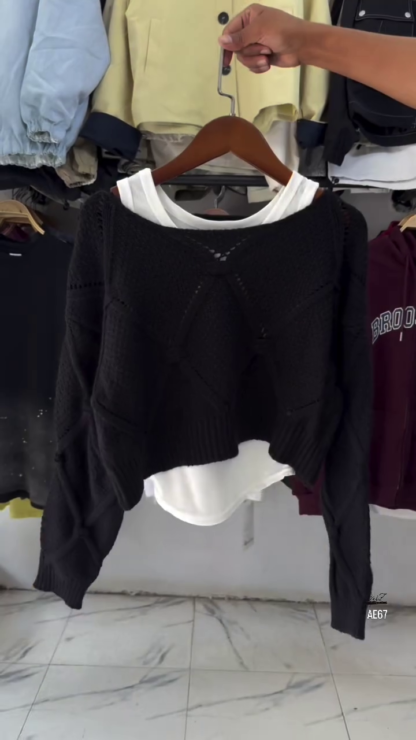 Layered Knit Cropped Sweater with Cotton Inner Top