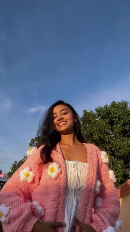 Handmade Crochet Blush Pink Cardigan with Daisy Appliques