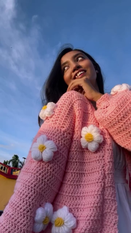 Handmade Crochet Blush Pink Cardigan with Daisy Appliques
