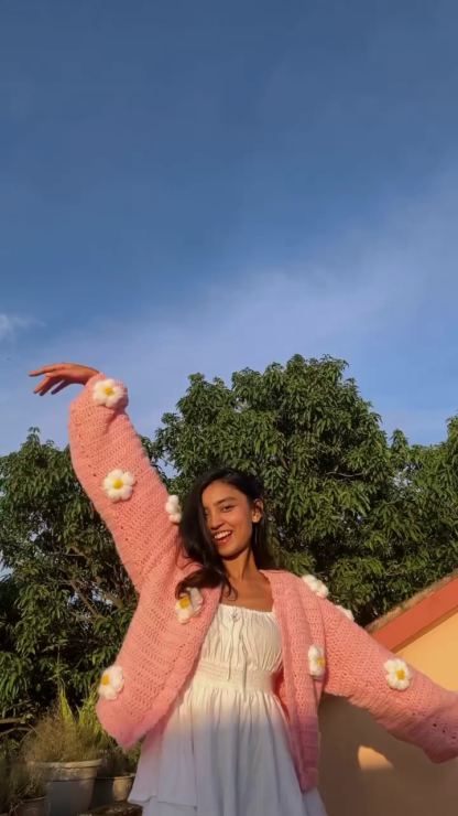 Handmade Crochet Blush Pink Cardigan with Daisy Appliques