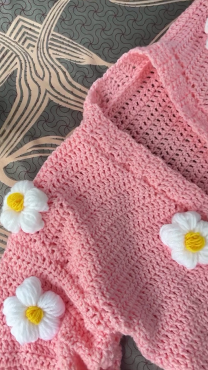 Handmade Crochet Blush Pink Cardigan with Daisy Appliques