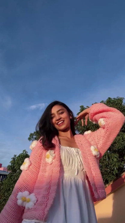 Handmade Crochet Blush Pink Cardigan with Daisy Appliques