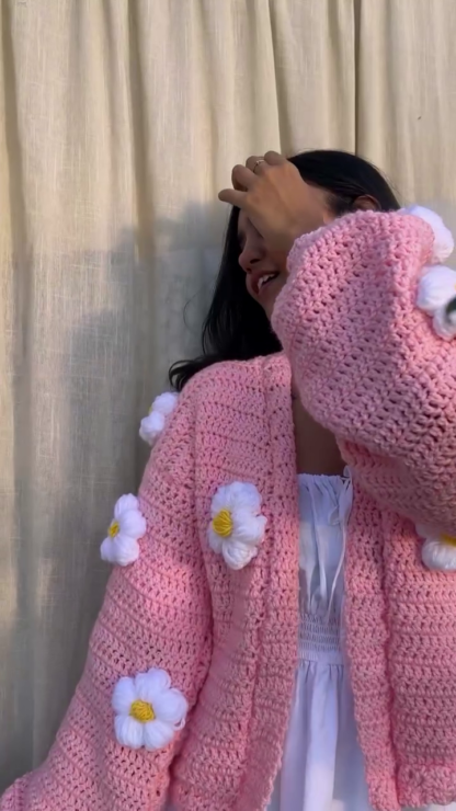 Handmade Crochet Blush Pink Cardigan with Daisy Appliques