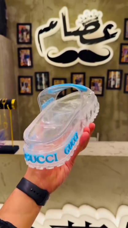 Transparent graphic slide sandals side view