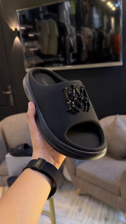 Matte black slip-on slides front view