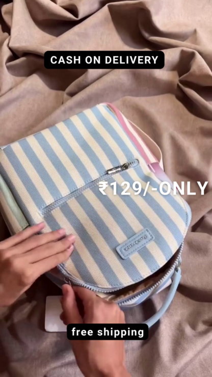 Pastel blue canvas backpack detail