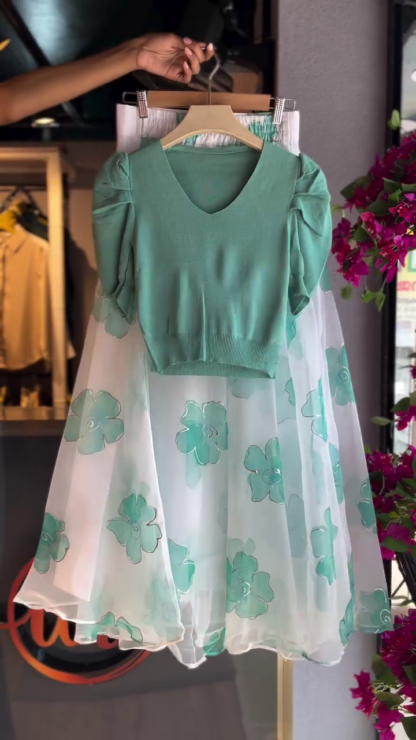 Green Knit Top with Floral Net Skirt Set