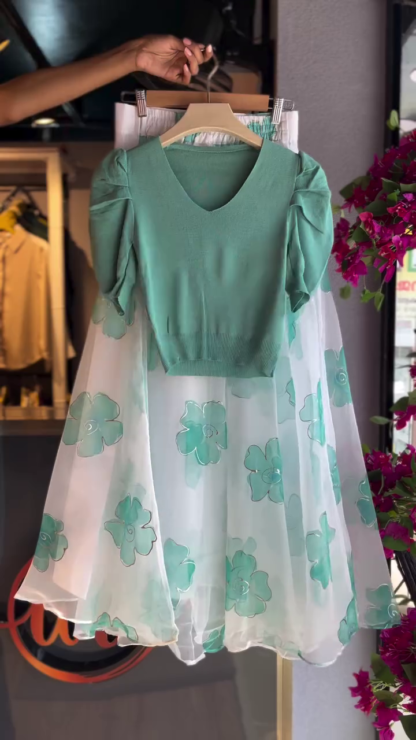 Green Knit Top with Floral Net Skirt Set
