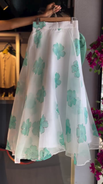 Green Knit Top with Floral Net Skirt Set