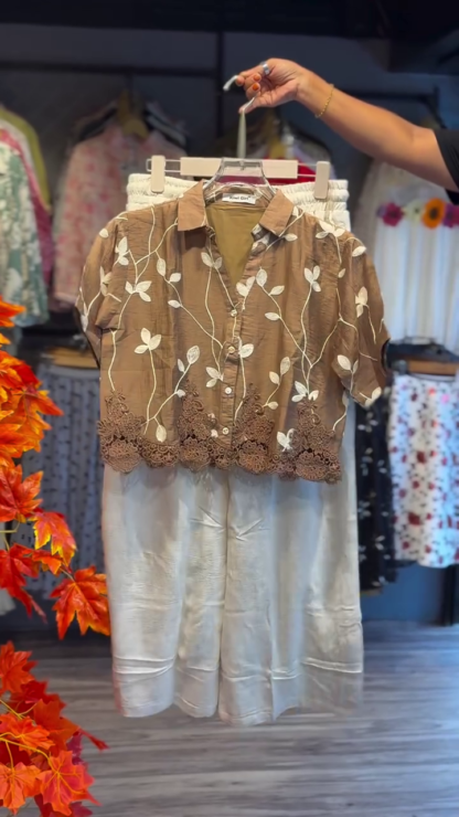 Embroidered Brown Top and Cream Linen Pants Co-ord Set