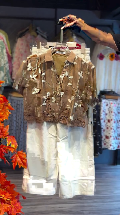 Embroidered Brown Top and Cream Linen Pants Co-ord Set