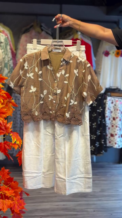 Embroidered Brown Top and Cream Linen Pants Co-ord Set