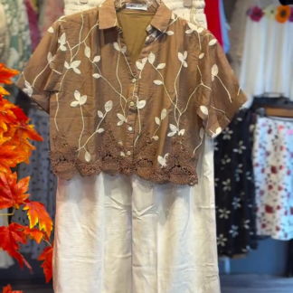 Embroidered Brown Top and Cream Linen Pants Co-ord Set