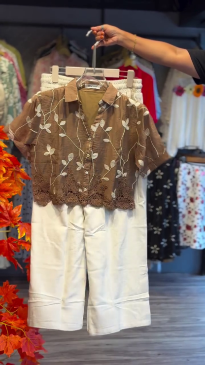 Embroidered Brown Top and Cream Linen Pants Co-ord Set