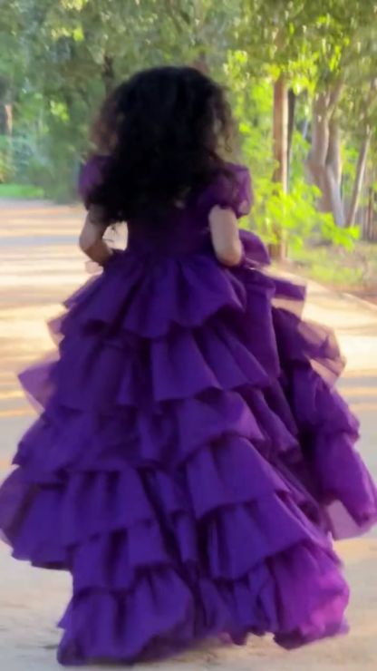 Plum Multi-Tier Ruffle Gown with Puff Sleeves