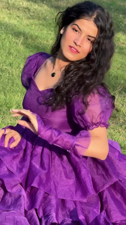 Plum Multi-Tier Ruffle Gown with Puff Sleeves