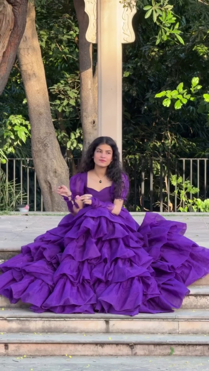Plum Multi-Tier Ruffle Gown with Puff Sleeves