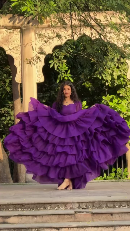 Plum Multi-Tier Ruffle Gown with Puff Sleeves