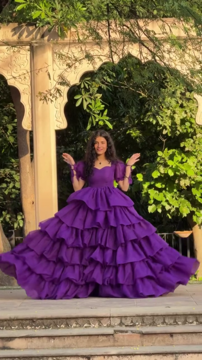 Plum Multi-Tier Ruffle Gown with Puff Sleeves