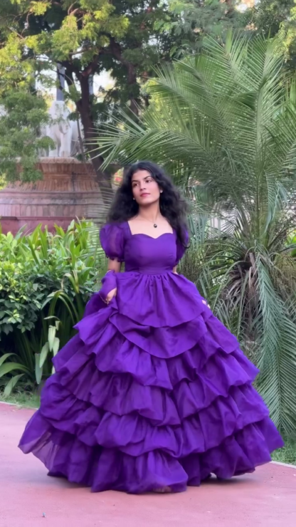 Plum Multi-Tier Ruffle Gown with Puff Sleeves
