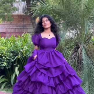 Plum Multi-Tier Ruffle Gown with Puff Sleeves
