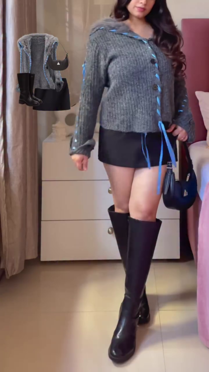 Women's Soft Winter Outfit Set: Belted Dress, Knit and Skirt Looks