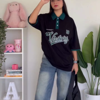 Oversized Cotton Polo T-Shirt with Contrast Collar
