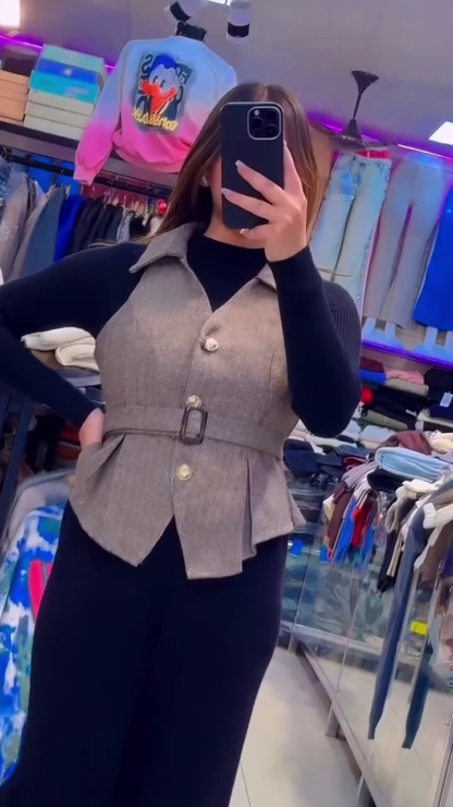 Wool-Blend Belted Waistcoat with Winter Inner Top