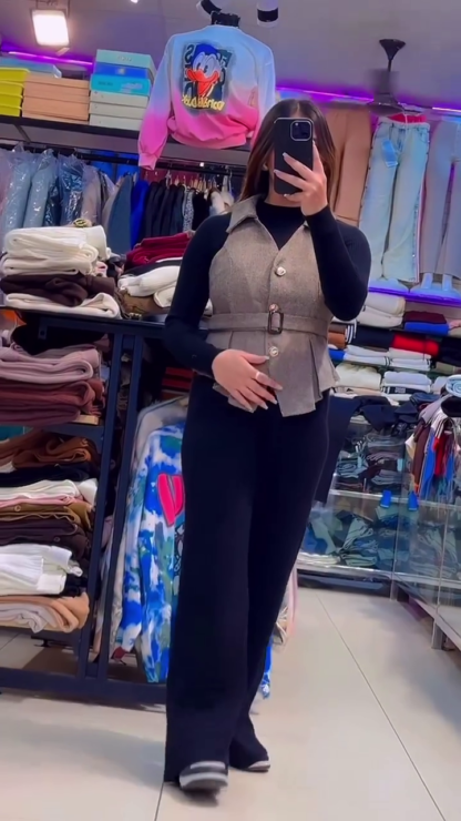 Wool-Blend Belted Waistcoat with Winter Inner Top