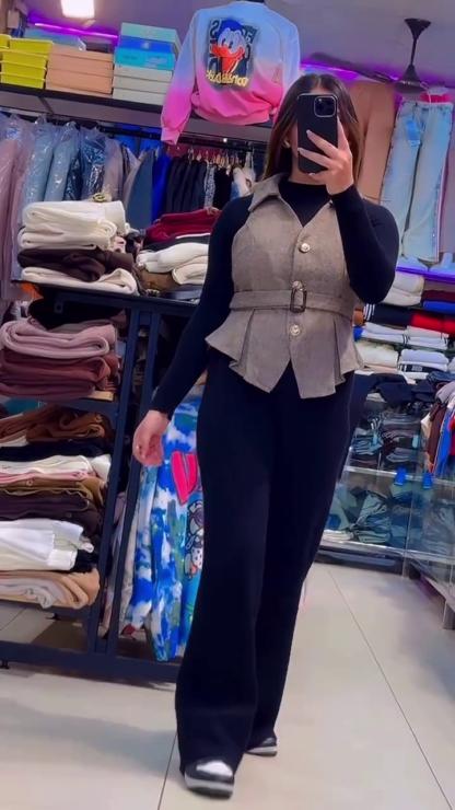 Wool-Blend Belted Waistcoat with Winter Inner Top
