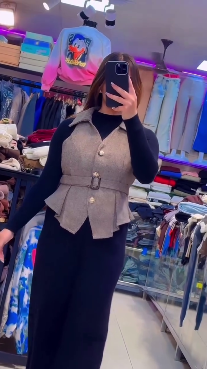 Wool-Blend Belted Waistcoat with Winter Inner Top