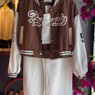 Brown Varsity Jacket with Cream Straight Denim, 3-Piece Set
