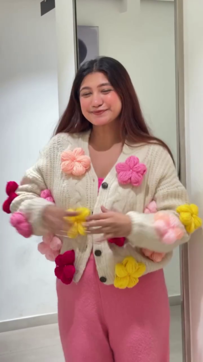 Plush Knit Cardigan with 3D Woollen Flowers on Cream