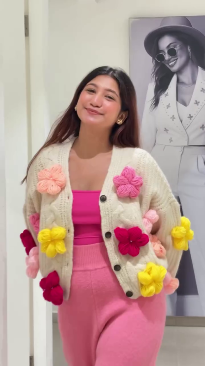 Plush Knit Cardigan with 3D Woollen Flowers on Cream