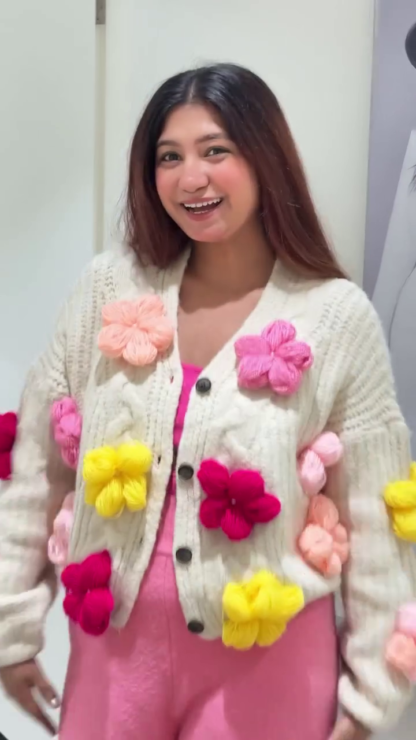 Plush Knit Cardigan with 3D Woollen Flowers on Cream